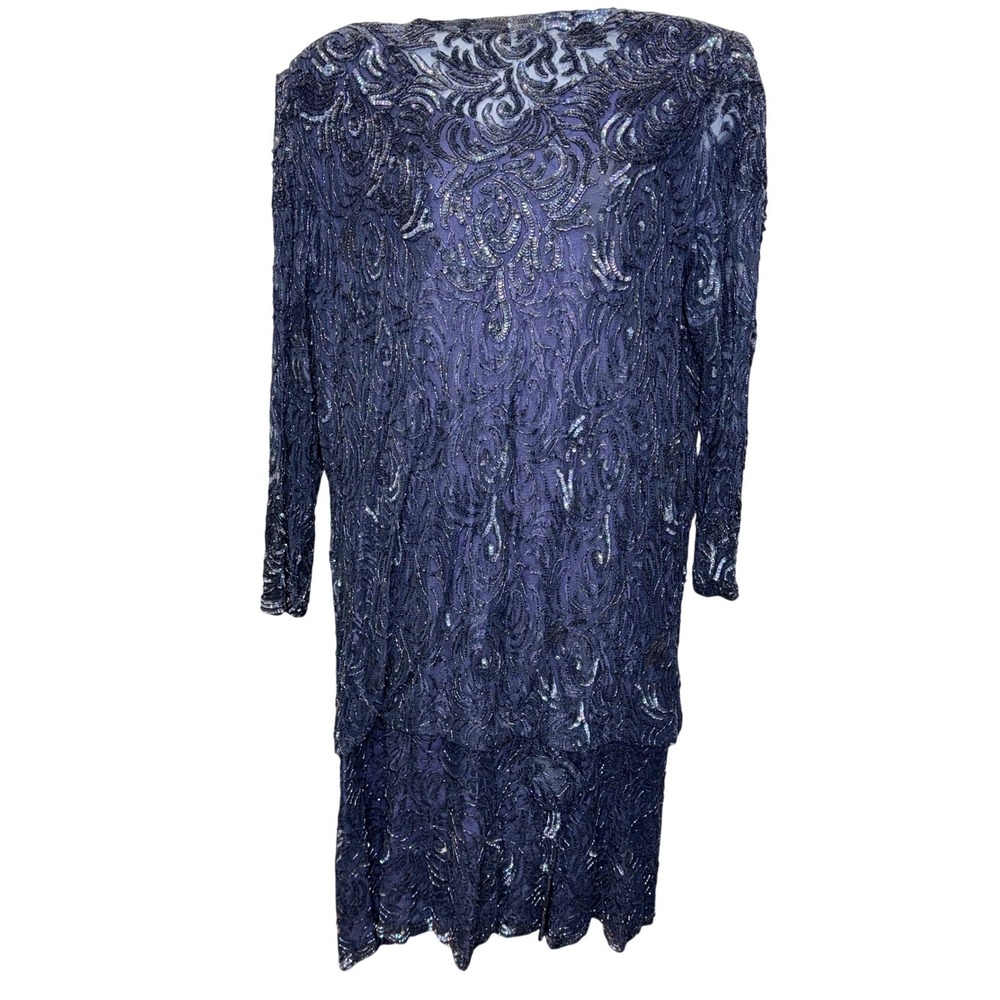 VTG Saks Fifth Avenue Beaded Gown Women 2X Navy Blue Sequin Formal Evening Dress